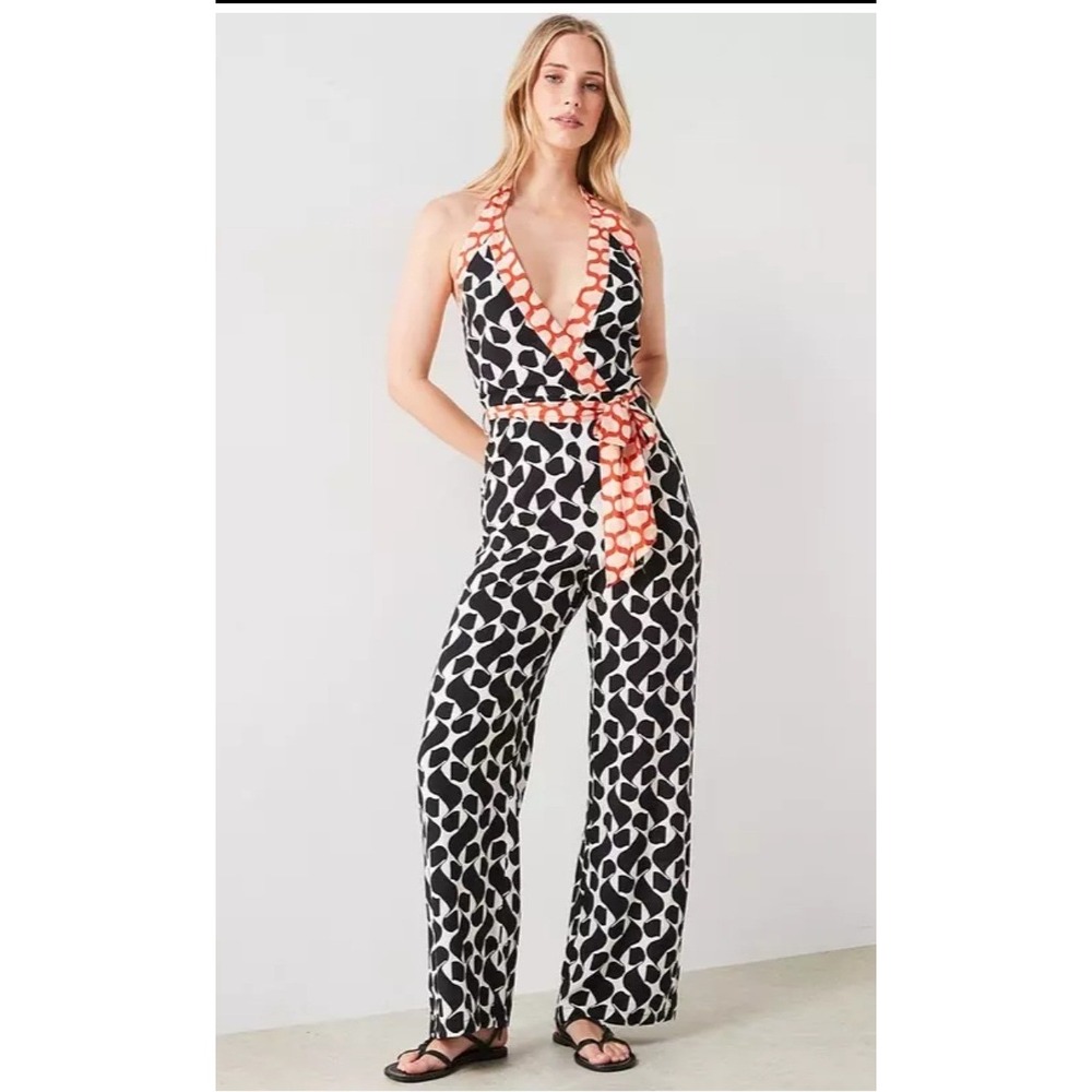 Mango MNG Jumpsuit Womens Medium Black White OrangeHalter Wide Leg